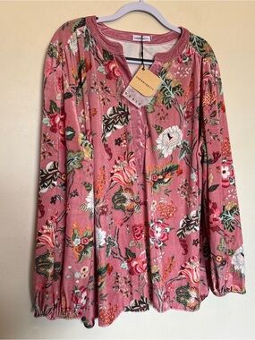 NWT Cherry Betty Boho Blouse Women’s 3XL Pink Velvet Floral Cottagecore Cotton